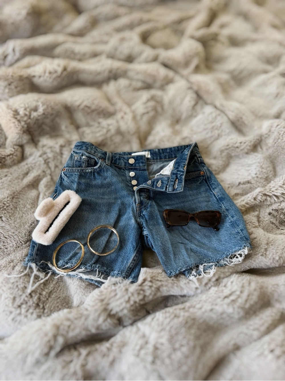 H&M Distressed Mid-Blue Button-Fly Denim Shorts